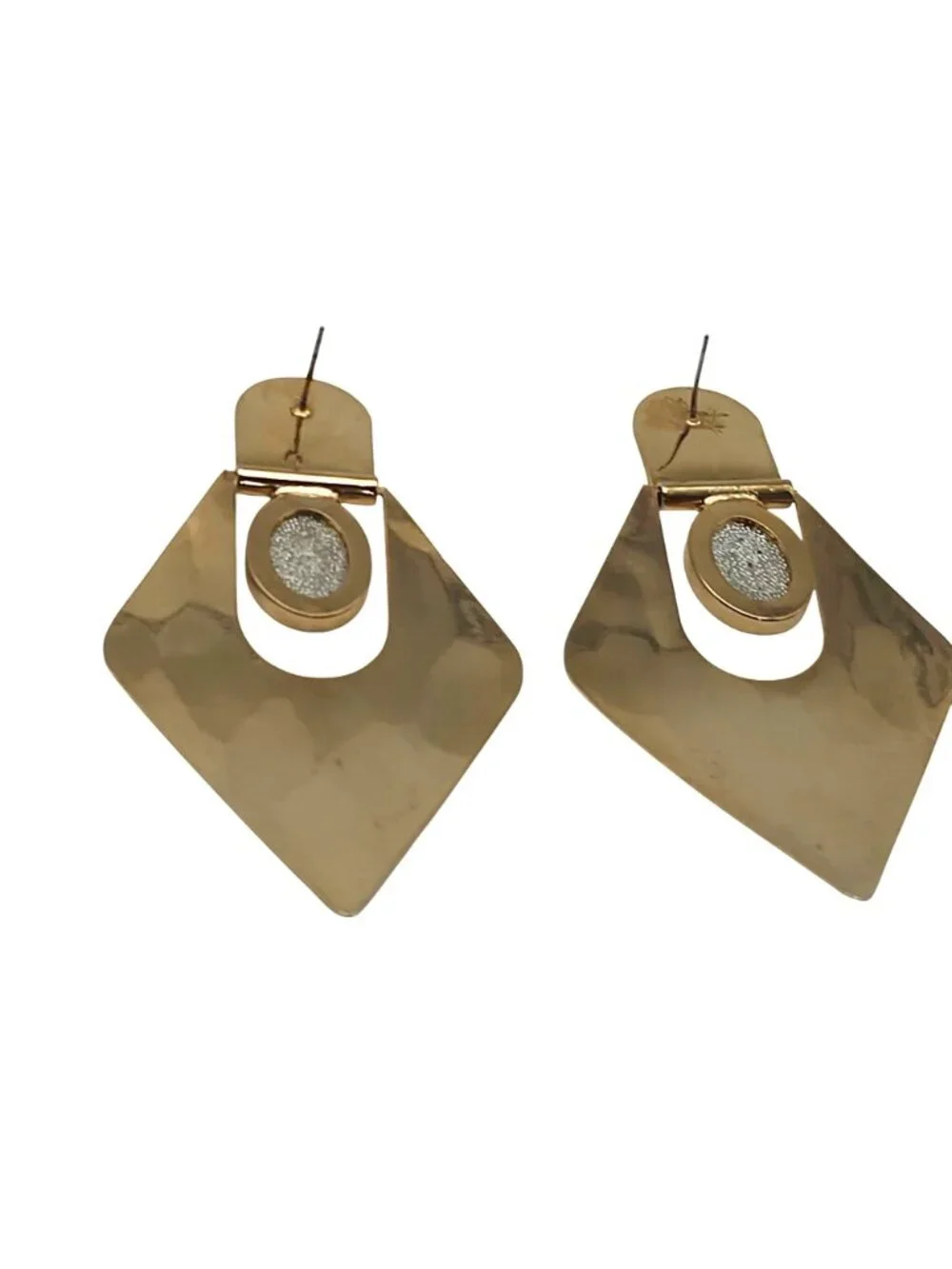 Vintage Hammered Gold Tone Geometric Diamond Dangle Drop Earrings Pave Rhineston